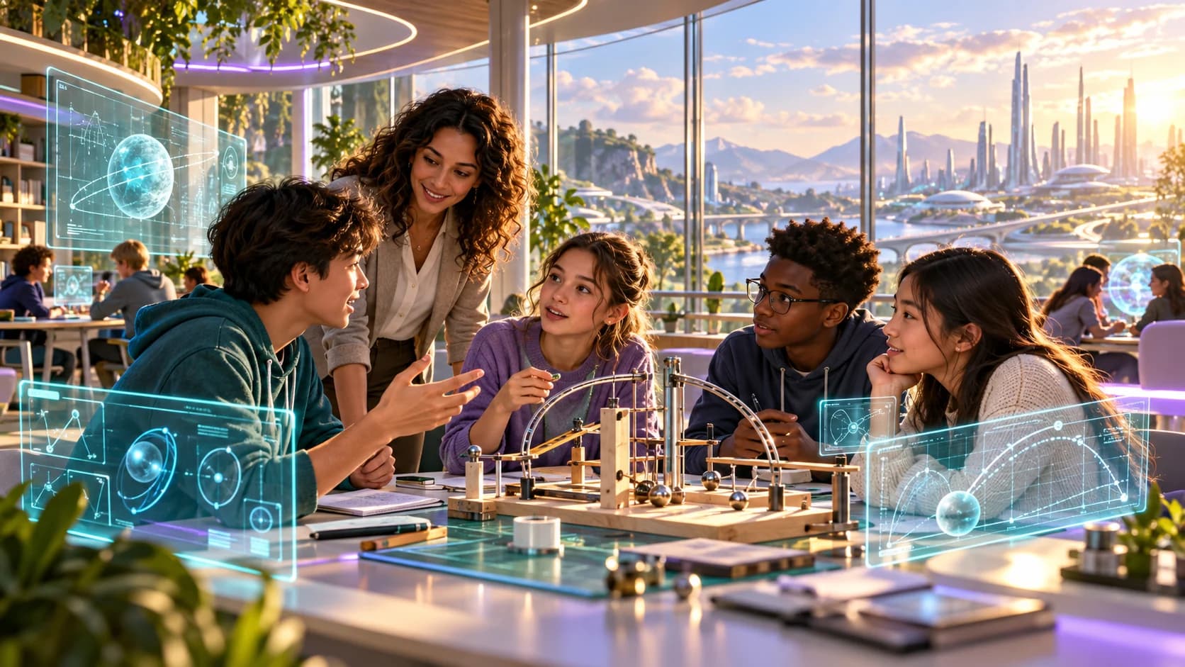 A teacher listens as students collaborate on a hands-on project in a sunlit futuristic classroom with glowing digital learning displays.
